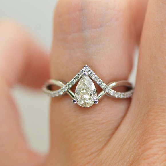 Diamond Infinity Engagement Ring Split Shank 0.86 Ct Natural Pear White 14K Gold - Picture 5 of 9